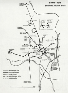Trasy tramvajových linek v Brně roce 1924
